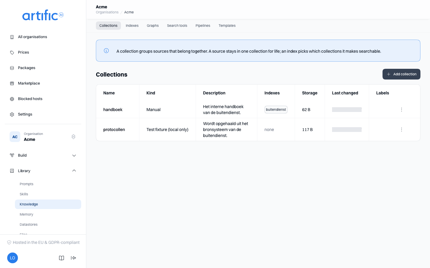 The Collections segment of the Knowledge section, with the Collections, Indexes, Search tools and Pipelines segment bar above it: a table with Name, Kind, Description, Indexes, Storage, Last changed and Labels columns, where the handbook collection is manual and names the buitendienst index, and an Add collection button.