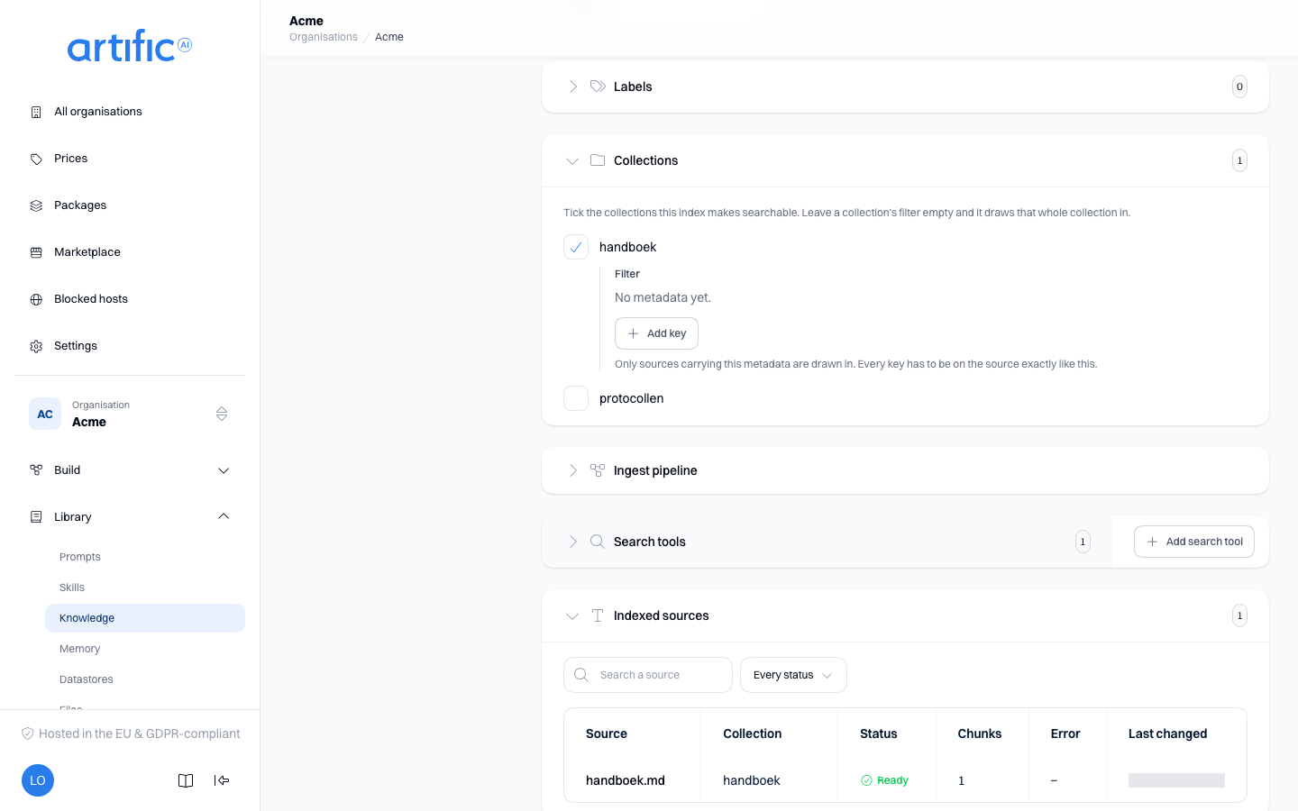 One index's screen, further down: the Collections, Ingest pipeline and Search tools sections, and below them Indexed sources opened with its search field, its status filter and the table showing handboek.md, its collection handboek, Ready and one chunk.