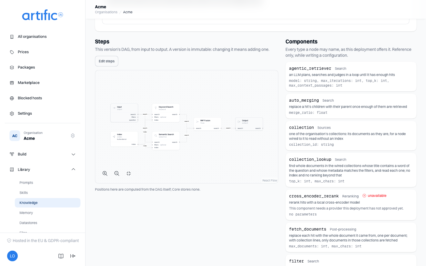 One pipeline's screen: the Steps block with the chain as a left-to-right diagram, and beside it the Components block with the types this deployment offers, two of them greyed out with the reason.