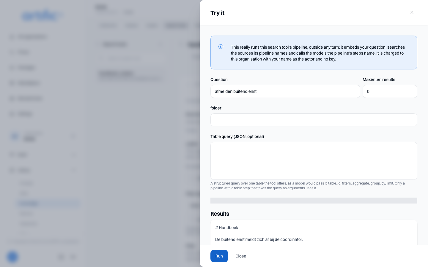 The Try it drawer over a search tool's screen: the warning about the cost, the Question field with a question in it, and below them Results with one chunk plus its source, index and score, and a Show steps button.