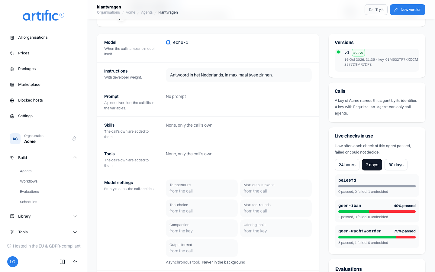 The Live checks in use card beside an agent's page: the 24 hours, 7 days and 30 days choice, and per check its name, the share that passed, a bar split in green, red and grey, and the counts.
