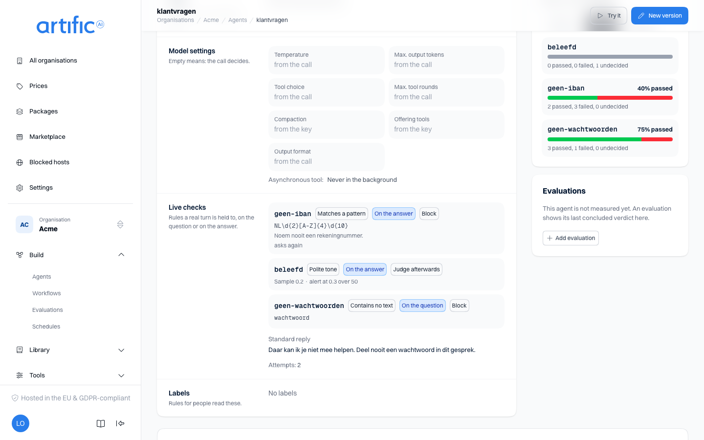 The Live checks row on an agent's page: three checks, each with its name, kind, where it looks and what happens, the expected text or pattern and the facts it carries, and the standard reply underneath.