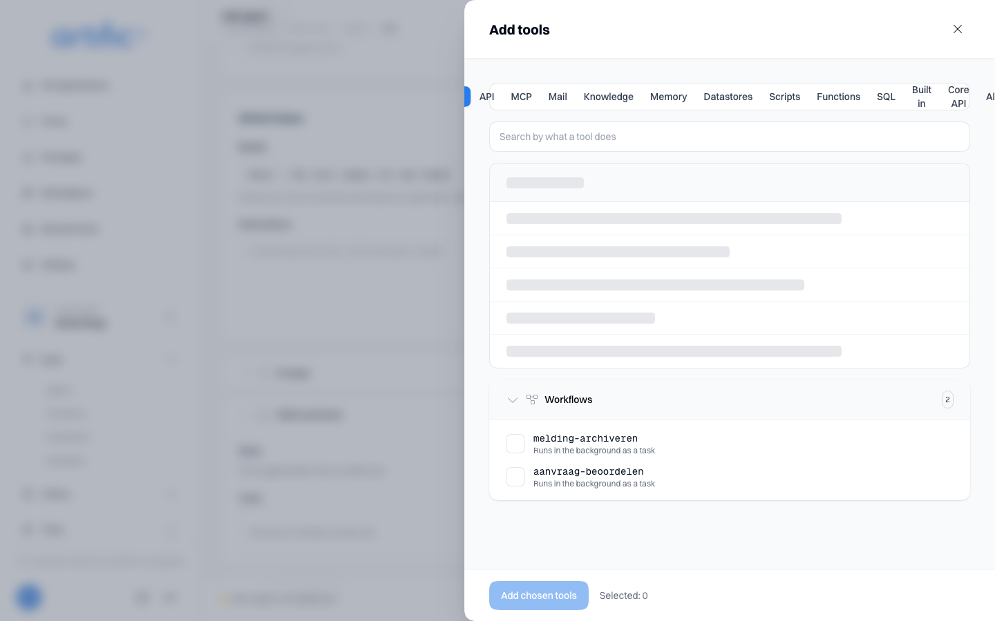 An agent's Add tools drawer with the Workflows group unfolded: for each workflow a checkbox, the
name and the line Runs in the background as a
task.