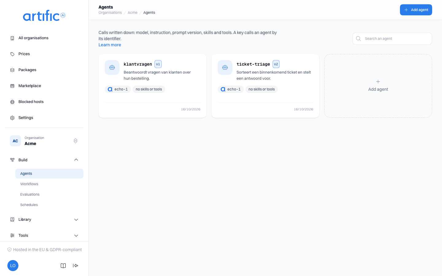 The Agents section: a card per agent with its name, version, description, model, the number of skills and tools, labels and the date of its last change, and an Add agent button.