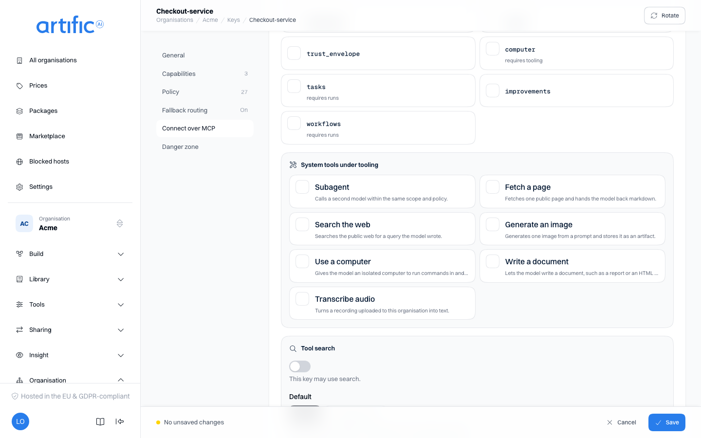 The System tools list on a key's own page: a checkbox and a one-line note for Subagent, Fetch a page, Search the web, Generate an image and Use a computer.