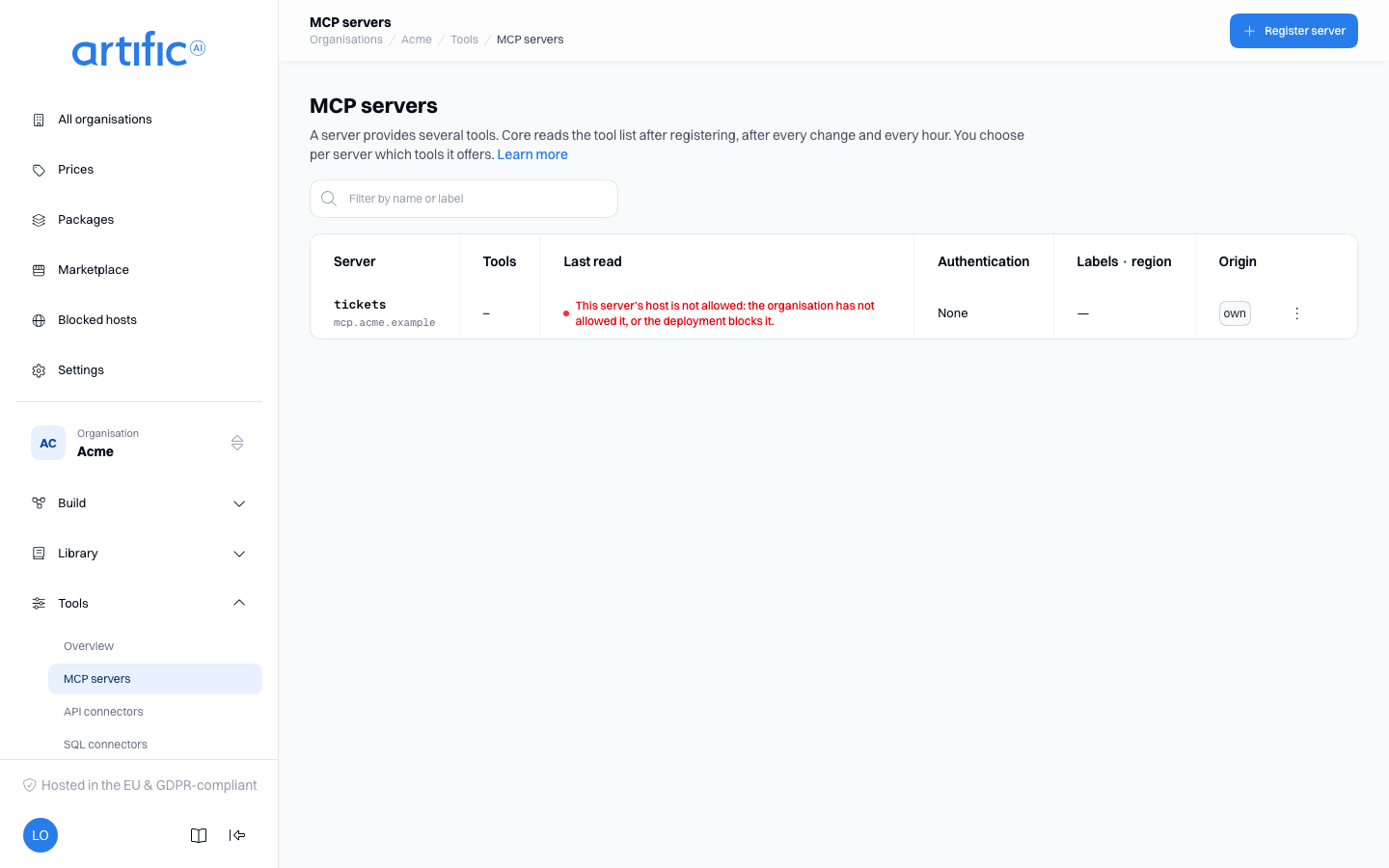 MCP servers: a table with Server, Tools, Last read, Authentication, Labels · region and Origin columns, a filter field, and a Register server button in the bar.