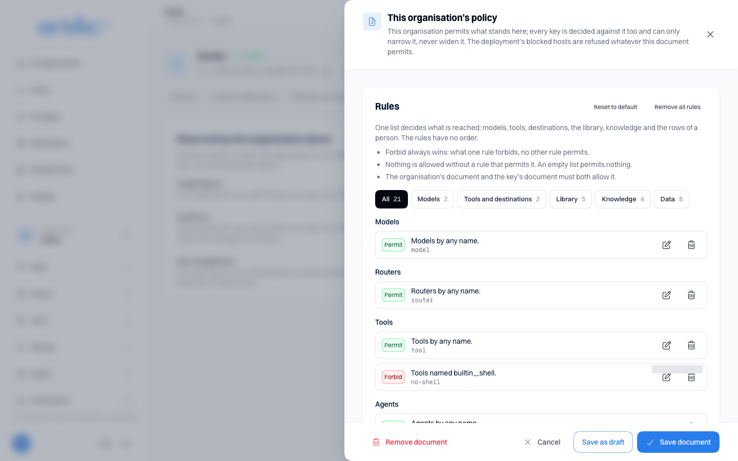 The drawer of the This organisation's policy card on Settings: its explanation that every key is decided against this document too, and the Rules list with the three facts about how rules decide, a Reset to default button and the filter chips.