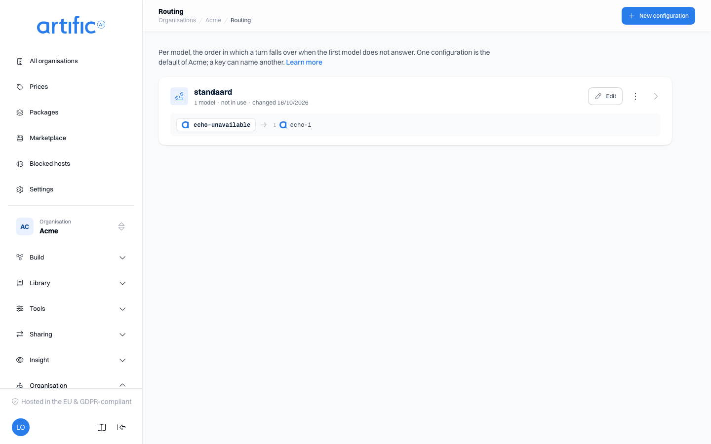 The Routing section: one card per configuration with its chains as lines, an Edit button and a menu with Delete, and New configuration in the page bar.