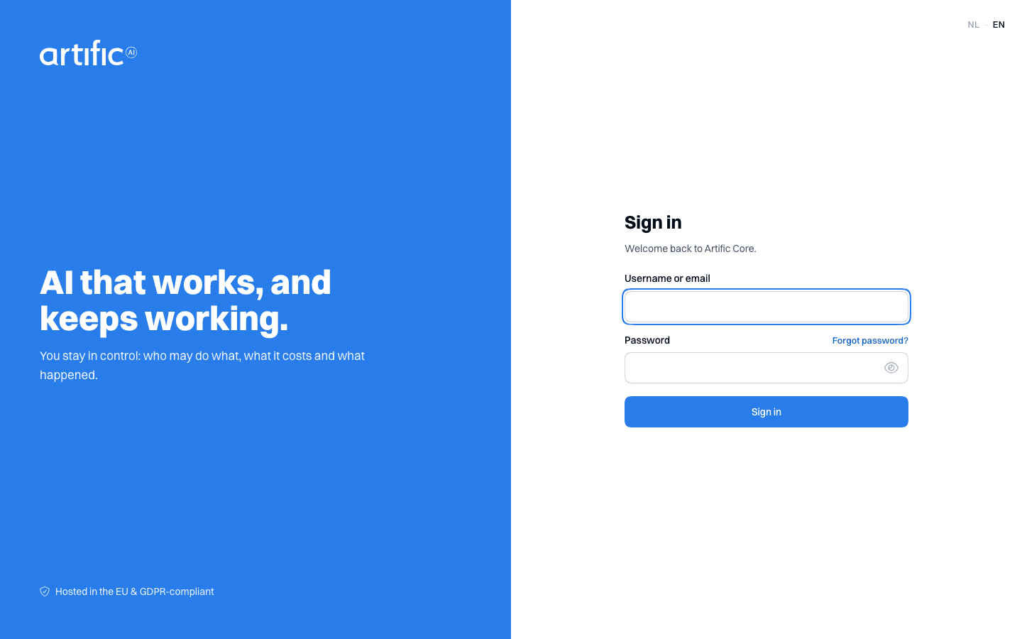 The sign-in page: on the left a blue panel with the Artific lockup and the line AI that works, and keeps working; on the right the heading Sign in with a username-or-email field, a password field with the forgotten-password link above it, and a Sign in button.
