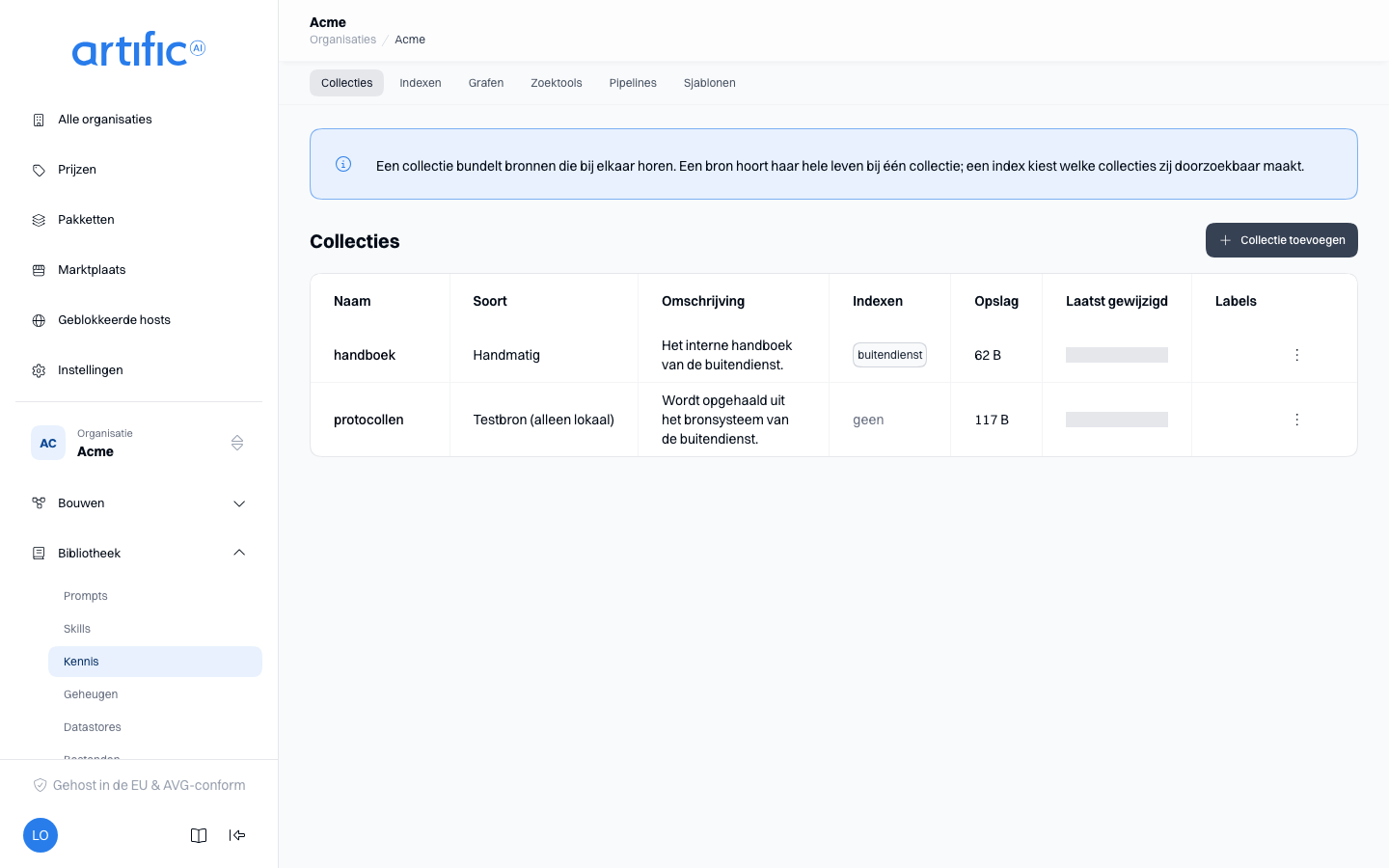 Het segment Collecties van het onderdeel Kennis, met de segmentbalk Collecties, Indexen, Zoektools en Pipelines erboven: een tabel met de kolommen Naam, Soort, Omschrijving, Indexen, Opslag, Laatst gewijzigd en Labels, waarin de collectie handboek handmatig is en de index buitendienst noemt, en een knop Collectie toevoegen.