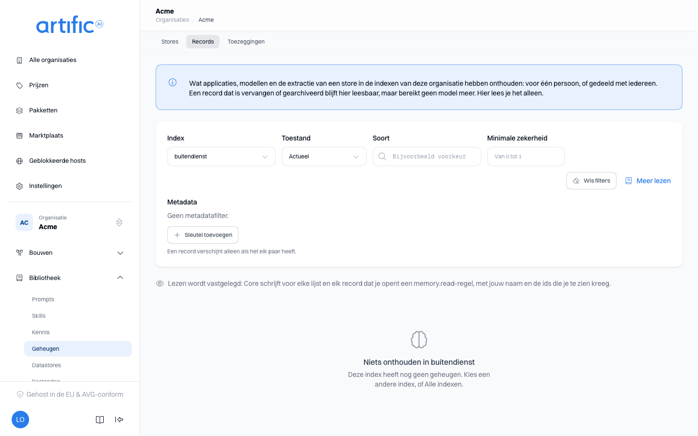 Het segment Records van Geheugen, versmald tot de index buitendienst: de filterkaart met Index, Toestand, Soort, Minimale zekerheid en Metadata, de zin dat lezen wordt vastgelegd, en de lege toestand Niets onthouden in buitendienst.