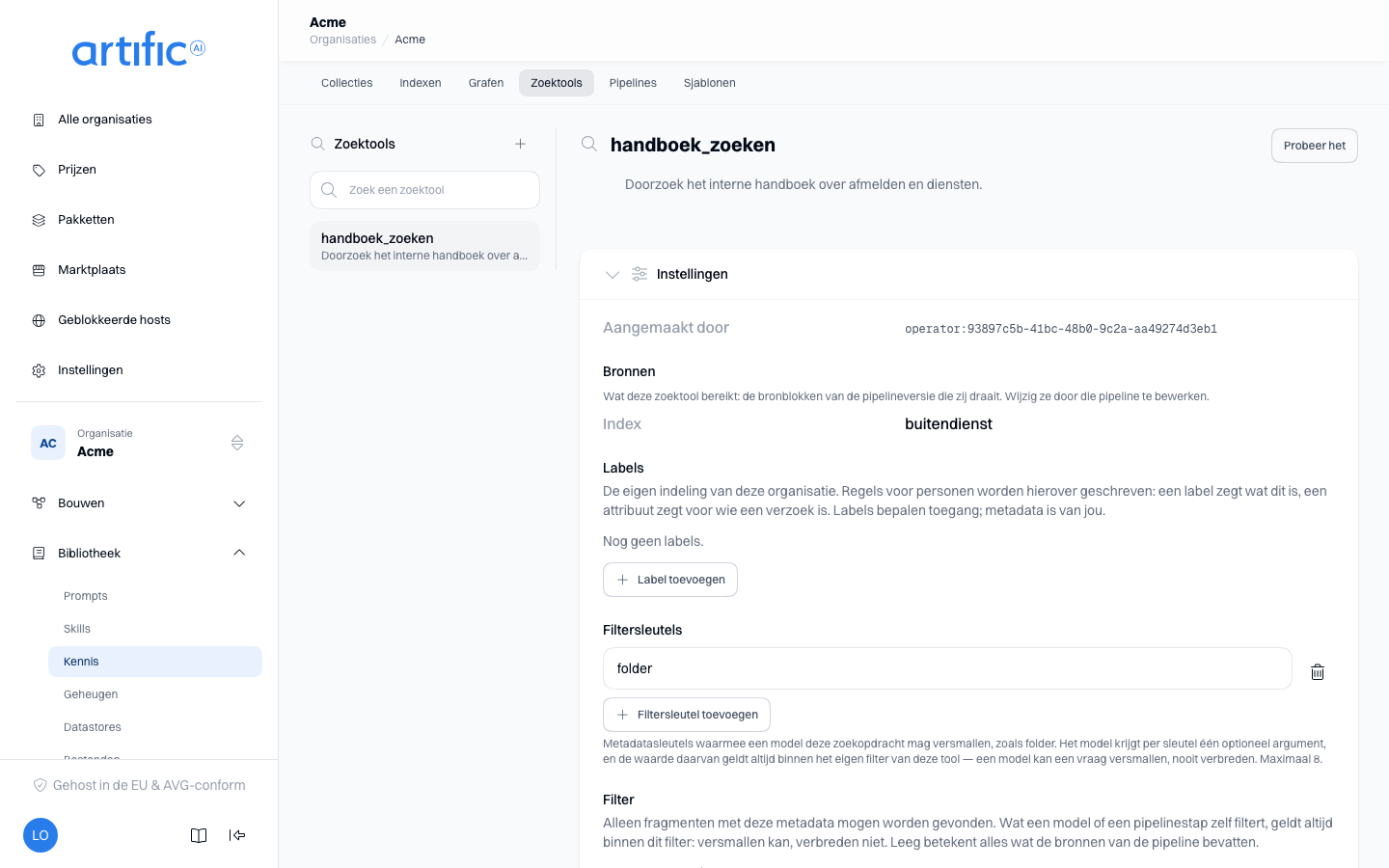 Het scherm van één zoektool: links de kolom met de zoektools, rechts de naam handboek_zoeken met de knop Probeer het ernaast, en daaronder de opengeklapte sectie Instellingen en de dichtgeklapte sectie Zoekpipeline.