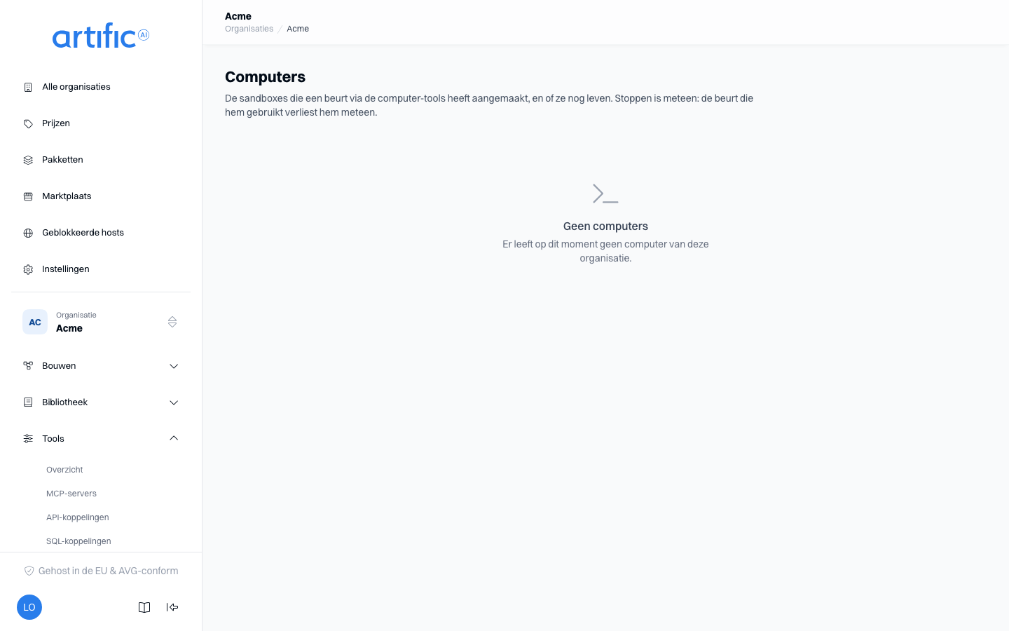 Het onderdeel Computers, leeg: kolommen Pool, Status, Beurt, Gestart en Tot, en de melding "Geen computers".