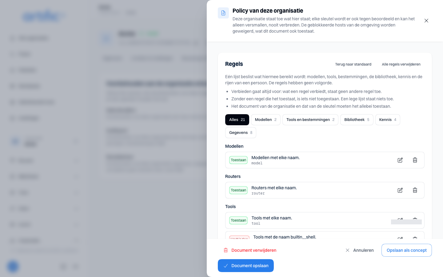 De lade van de kaart Policy van deze organisatie op Instellingen: de uitleg dat elke sleutel ook tegen dit document wordt beoordeeld, en de lijst Regels met de drie feiten over hoe regels beslissen, een knop Terug naar standaard en de filterknoppen.