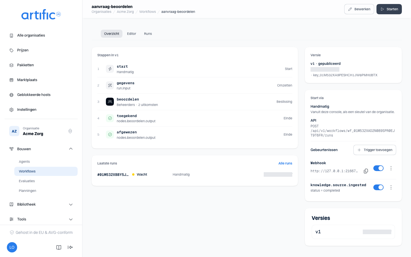 Het overzicht van een workflow: links de stappen van de nieuwste versie en de laatste runs,
rechts de versie en de kaart Start via met Handmatig, API en de triggers onder Gebeurtenissen, elk
met een schakelaar en een rijmenu.