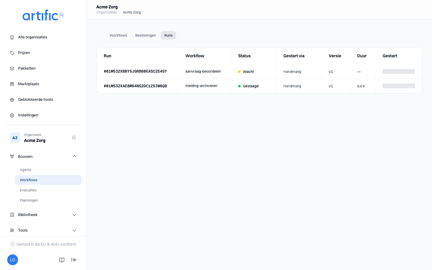 Het tabblad Runs van het onderdeel Workflows: een tabel met per run het nummer, de workflow, de
status, hoe hij is gestart, de versie, de duur en het
starttijdstip.