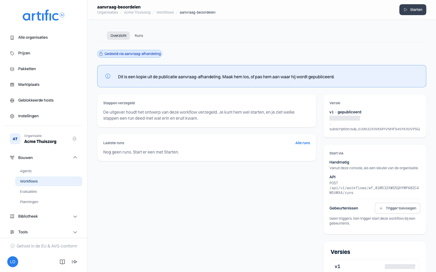 Het overzicht van een verzegelde workflow: de regel Gedeeld via met de naam van de publicatie,
de kaart Stappen verzegeld, en de knop Starten zonder de knop
Bewerken.