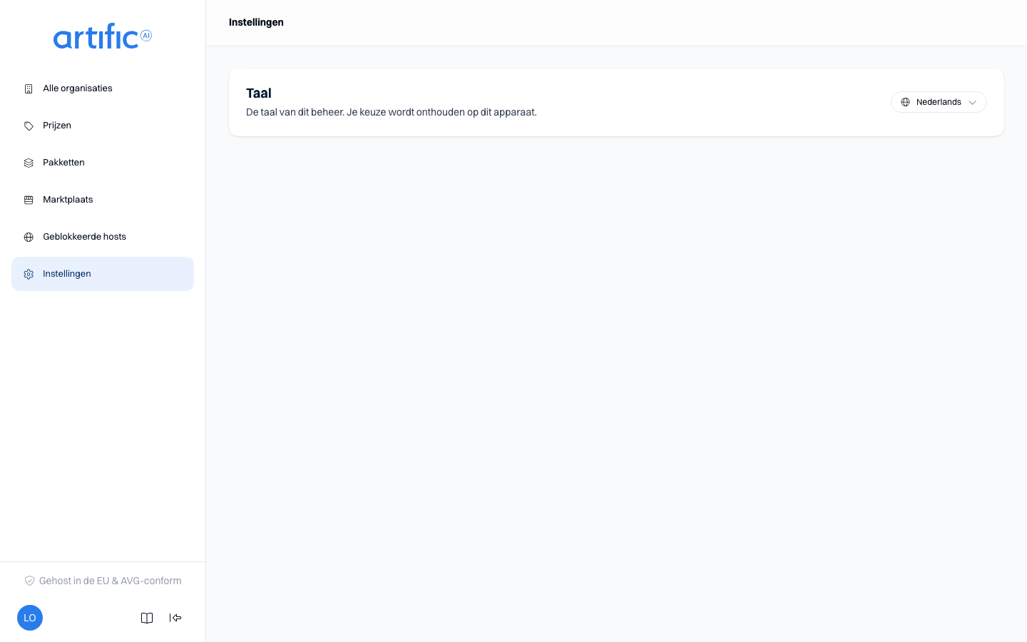 De pagina Instellingen: een kaart Taal met de opties Nederlands en English en een knop Taal wijzigen.